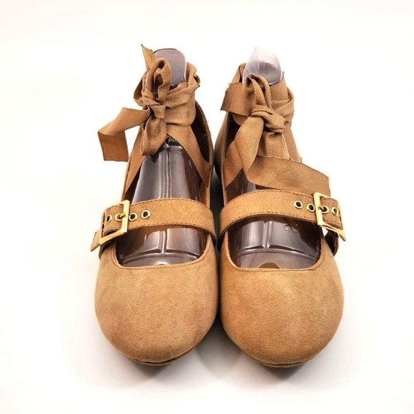 NEW Bamboo Women's Flats Chantel Tan Suede with Ankle Tie Foot Buckle - Picture 10 of 15